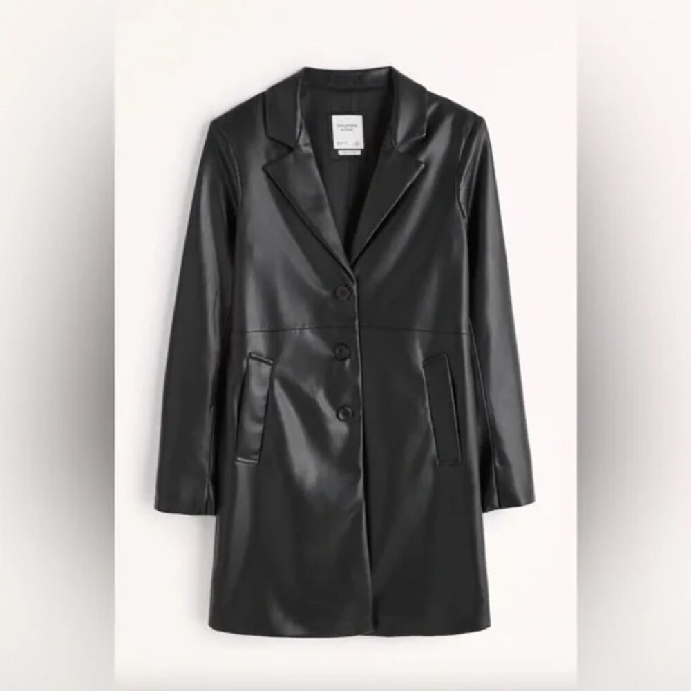 NWOT Abercrombie and Fitch Vegan Leather Long Length Coat, Black, Medium